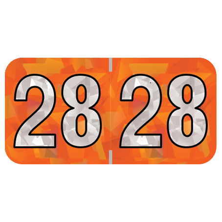PMA Orange Holographic Year 28 Labels, 3/4" H x 1-1/2" W Laminated- Roll of 500