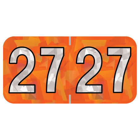 PMA Orange Holographic Year 27 Labels, 3/4" H x 1-1/2" W Laminated- Roll of 500