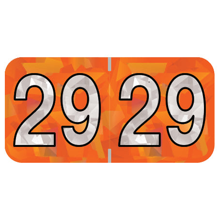 PMA Orange Holographic Year 29 Labels, 3/4" H x 1-1/2" W Laminated- Roll of 500