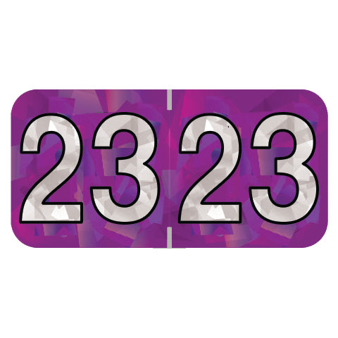 PMA Purple Holographic Year 23 Labels, 3/4" x 1-1/2" Laminated- Roll of 500