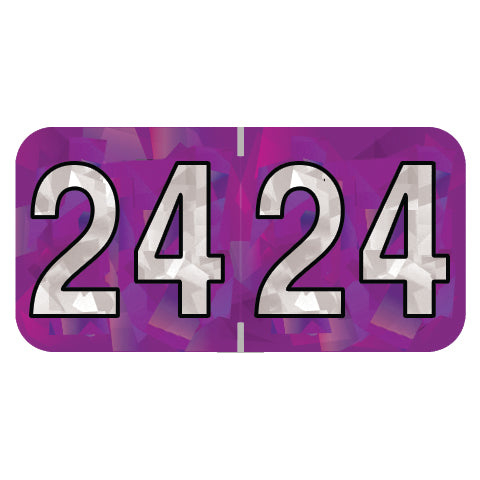PMA Purple Holographic Year 24 Labels, 3/4" x 1-1/2" Laminated- Roll of 500