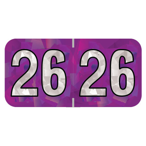 PMA Purple Holographic Year 26 Labels, 3/4" x 1-1/2" Laminated- Roll of 500