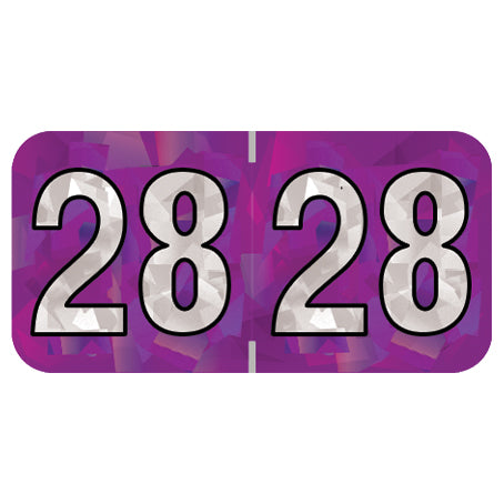 PMA Purple Holographic Year 28 Labels, 3/4" x 1-1/2" Laminated- Roll of 500
