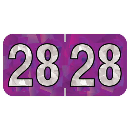 PMA Purple Holographic Year 28 Labels, 3/4" x 1-1/2" Laminated- Roll of 500