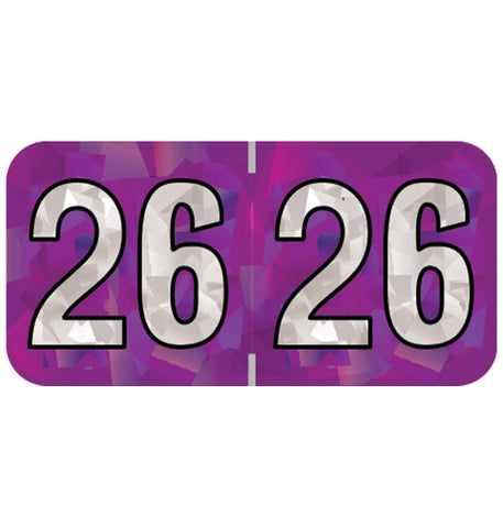 PMA Purple Holographic Year 26 Labels, 3/4" x 1-1/2" Laminated- Roll of 500