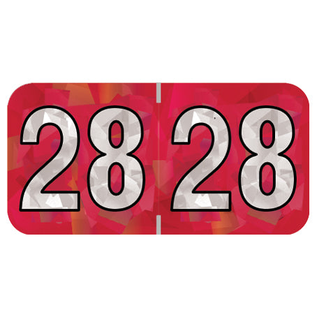 PMA Red Holographic Year 28 Labels, 3/4" x 1-1/2" Laminated- Roll of 500