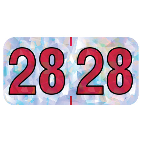 PMA Silver Holographic Year 28 Labels, 3/4" x 1-1/2" Laminated- Roll of 500