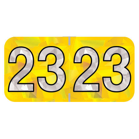 PMA Yellow Holographic Year 23 Labels, 3/4" x 1-1/2" Laminated- Roll of 500