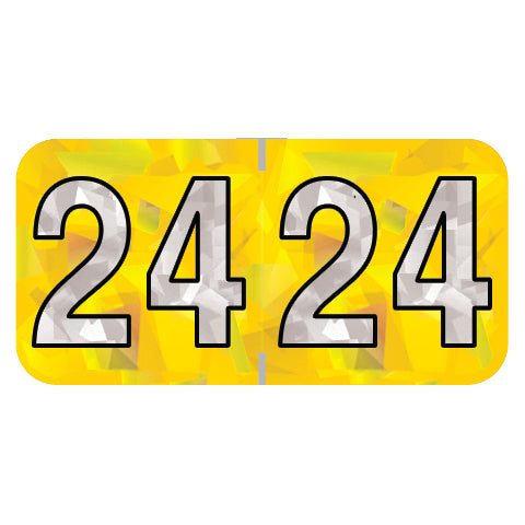 PMA Yellow Holographic Year 24 Labels, 3/4" x 1-1/2" Laminated- Roll of 500