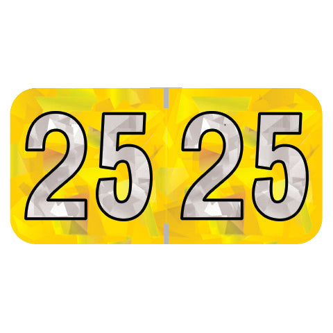 PMA Yellow Holographic Year 25 Labels, 3/4" x 1-1/2" Laminated- Roll of 500