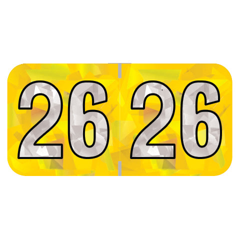 PMA Yellow Holographic Year 26 Labels, 3/4" x 1-1/2" Laminated- Roll of 500