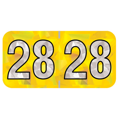 PMA Yellow Holographic Year 28 Labels, 3/4" x 1-1/2" Laminated- Roll of 500