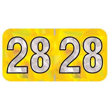 PMA Yellow Holographic Year 28 Labels, 3/4" x 1-1/2" Laminated- Roll of 500