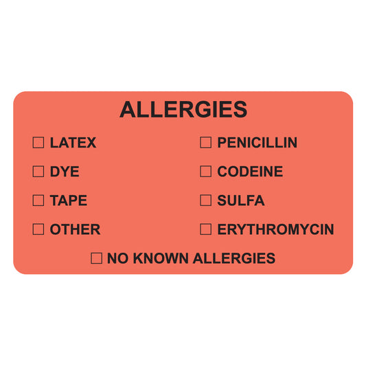 MAP3250 ALLERGIES- Fluorescent Red 3-1/4" X 1-3/4" (Roll of 250)