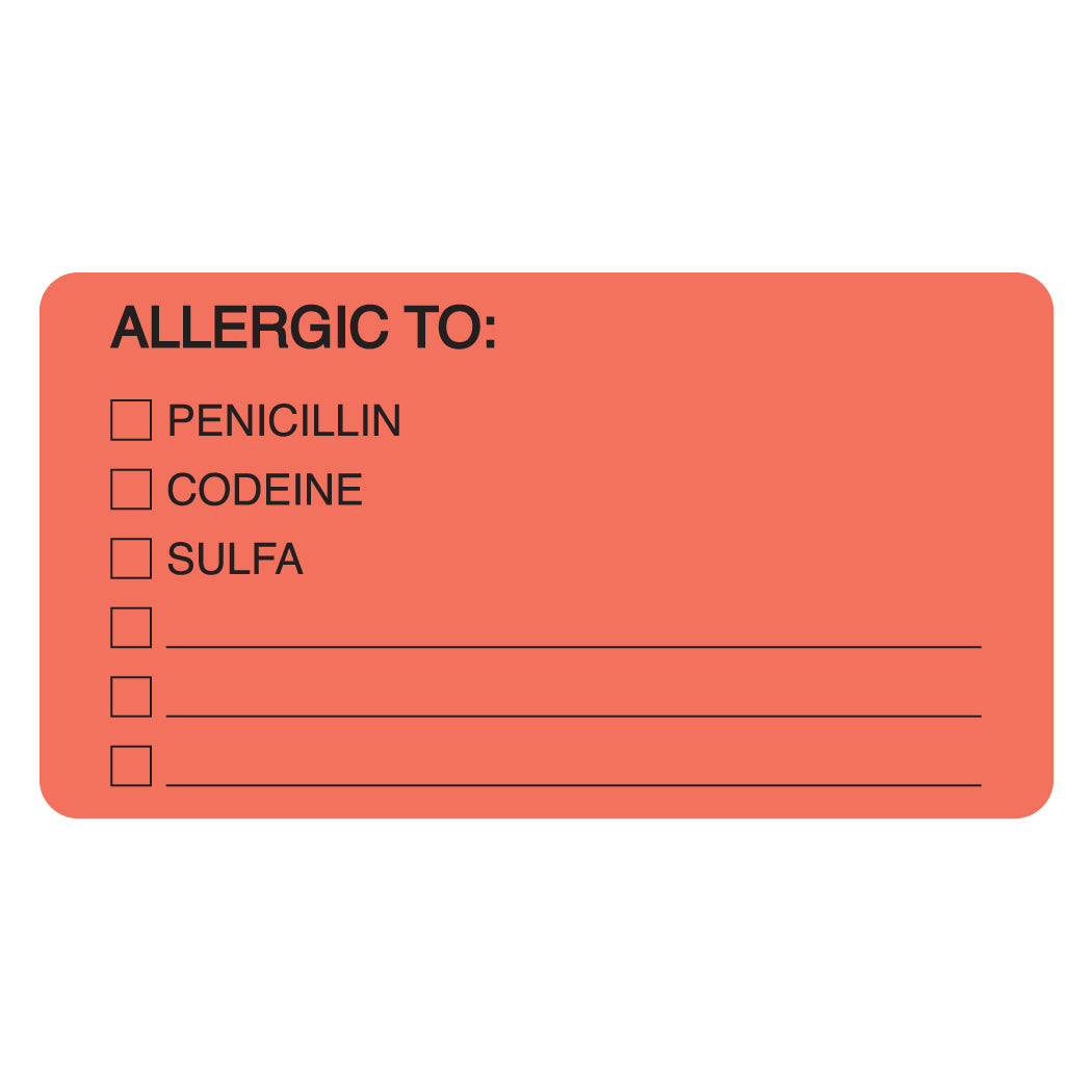 MAP4900 ALLERGIC TO:- Fluorescent Red 3-1/4" X 1-3/4" (Roll of 250)
