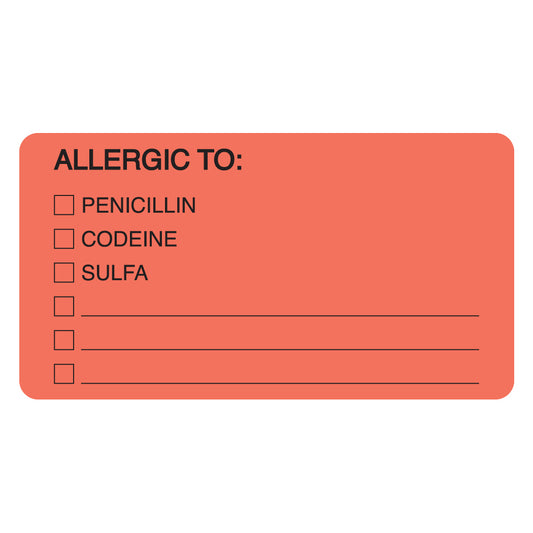 MAP4900 ALLERGIC TO:- Fluorescent Red 3-1/4" X 1-3/4" (Roll of 250)