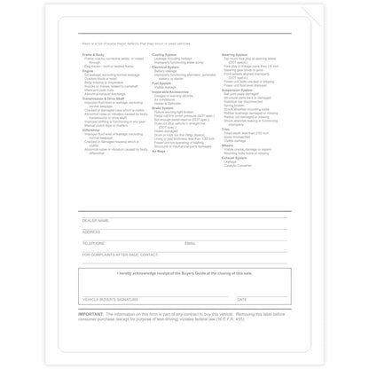 Outdoor Application Car Dealership Buyers Guide Laser Window Stickers - Blank (Package of 100)
