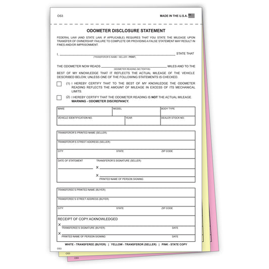 3-Part Auto Dealer Odometer Disclosure Statements Forms (Package of 100)