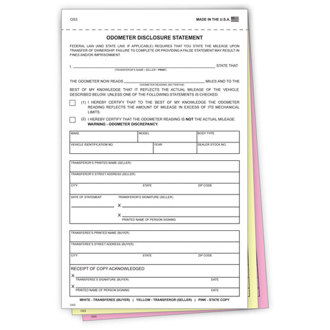 3-Part Auto Dealer Odometer Disclosure Statements Forms (Package of 100)