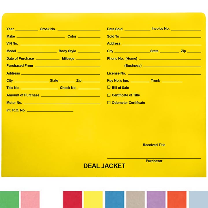 Pre-Printed Auto Dealer Vehicle Deal Jackets, 11-3/4" x 9-1/2" (Box of 100)