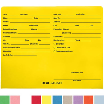 Pre-Printed Auto Dealer Vehicle Deal Jackets, 11-3/4" x 9-1/2" (Box of 100)