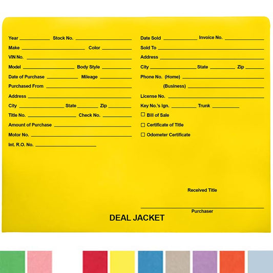 Pre-Printed Auto Dealer Vehicle Deal Jackets, 11-3/4" x 9-1/2" (Box of 100)