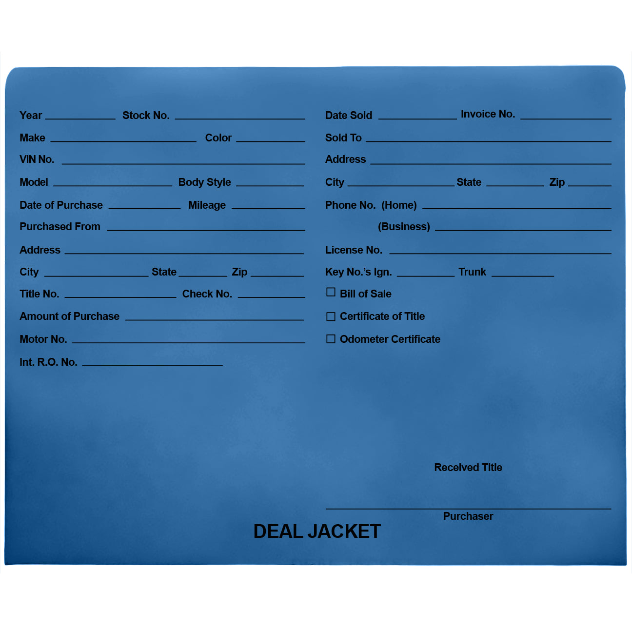 Pre-Printed Auto Dealer Vehicle Deal Jackets, 11-3/4" x 9-1/2" (Box of 100)
