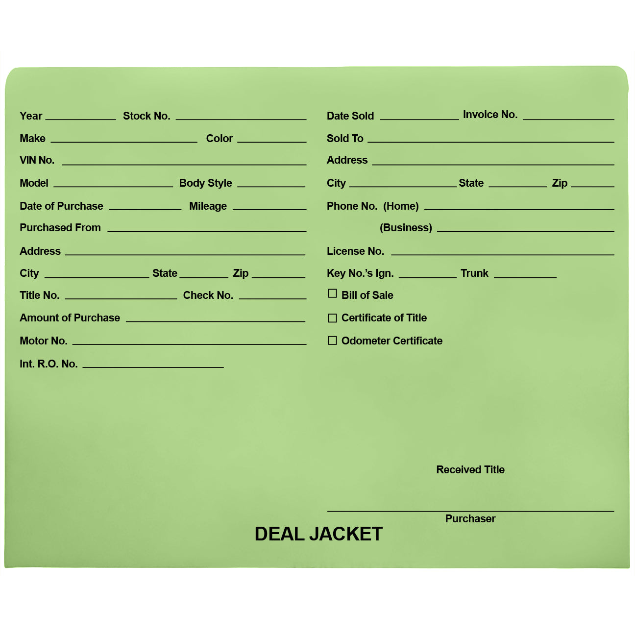 Pre-Printed Auto Dealer Vehicle Deal Jackets, 11-3/4" x 9-1/2" (Box of 100)