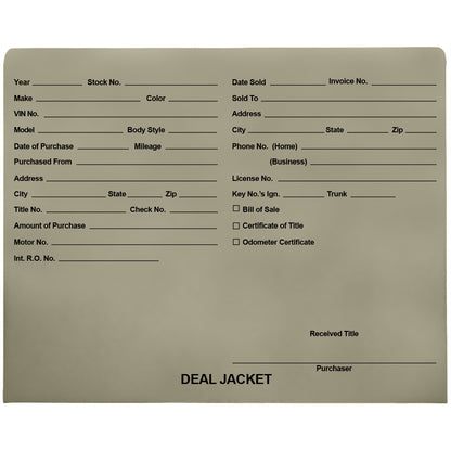 Pre-Printed Auto Dealer Vehicle Deal Jackets, 11-3/4" x 9-1/2" (Box of 100)