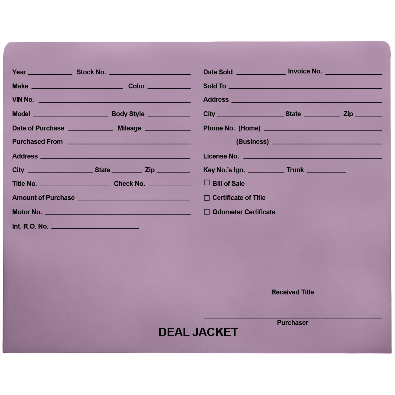 Pre-Printed Auto Dealer Vehicle Deal Jackets, 11-3/4" x 9-1/2" (Box of 100)