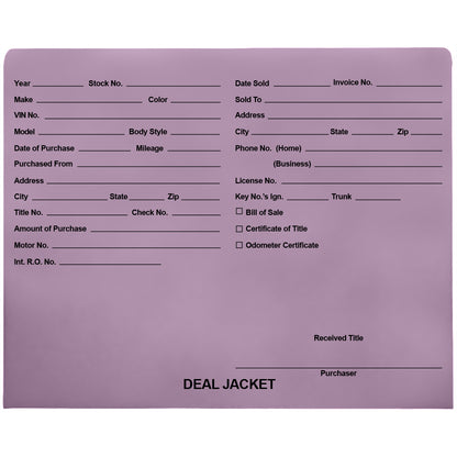 Pre-Printed Auto Dealer Vehicle Deal Jackets, 11-3/4" x 9-1/2" (Box of 100)