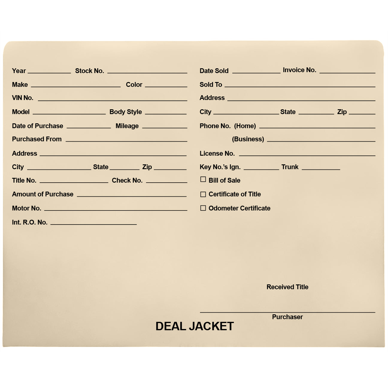 Pre-Printed Auto Dealer Vehicle Deal Jackets, 11-3/4" x 9-1/2" (Box of 100)