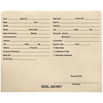 Pre-Printed Auto Dealer Vehicle Deal Jackets, 11-3/4" x 9-1/2" (Box of 100)