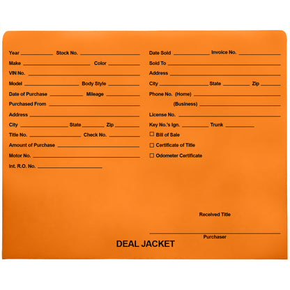 Pre-Printed Auto Dealer Vehicle Deal Jackets, 11-3/4" x 9-1/2" (Box of 100)