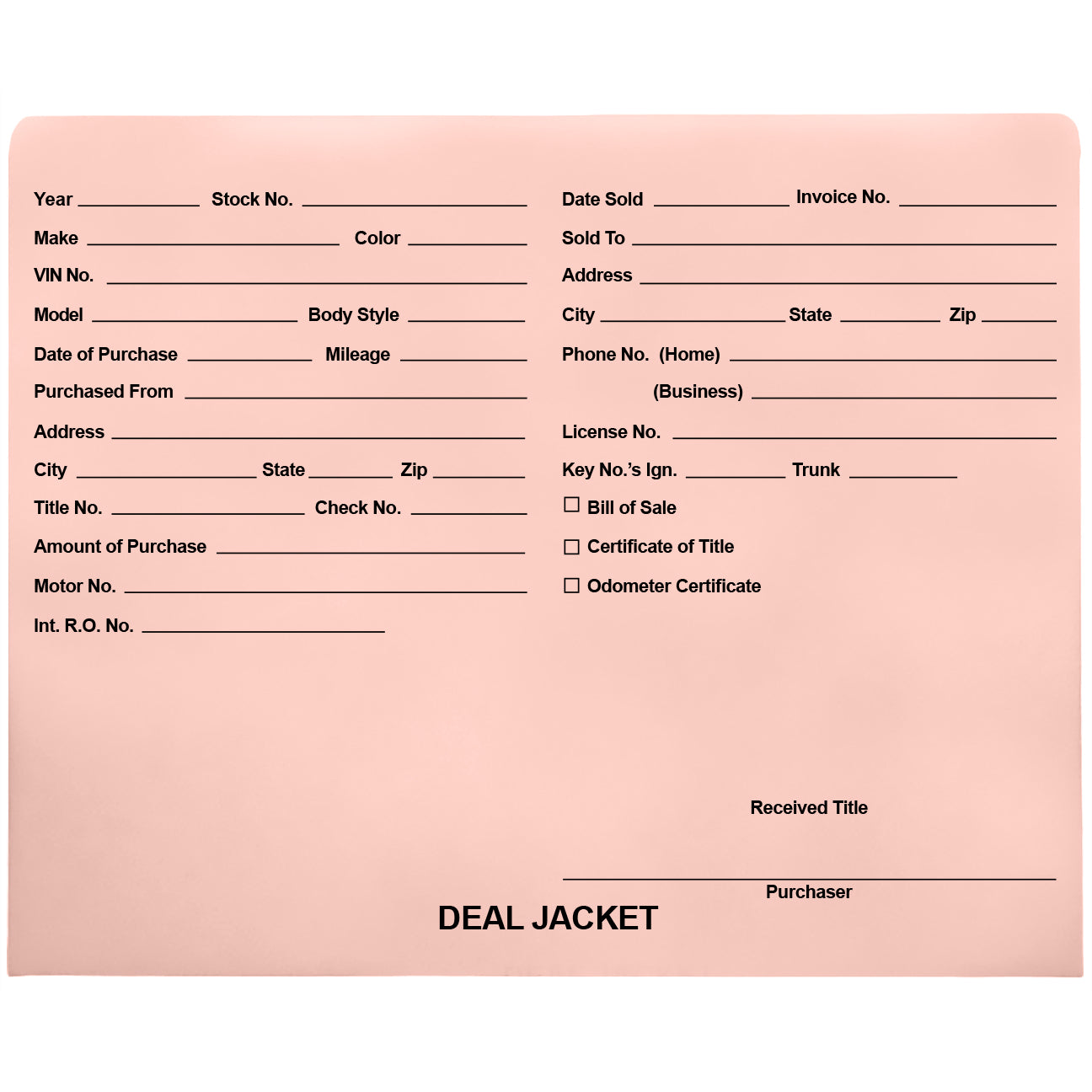 Pre-Printed Auto Dealer Vehicle Deal Jackets, 11-3/4" x 9-1/2" (Box of 100)