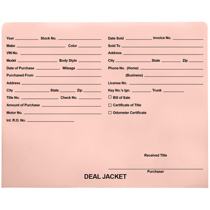 Pre-Printed Auto Dealer Vehicle Deal Jackets, 11-3/4" x 9-1/2" (Box of 100)
