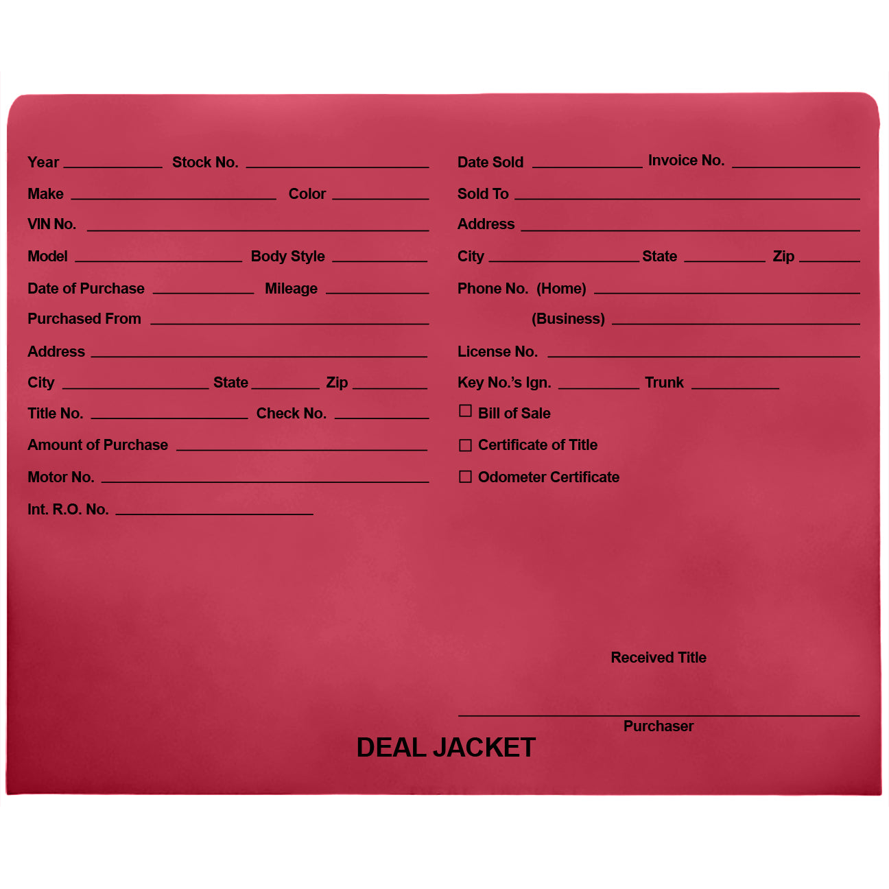 Pre-Printed Auto Dealer Vehicle Deal Jackets, 11-3/4" x 9-1/2" (Box of 100)