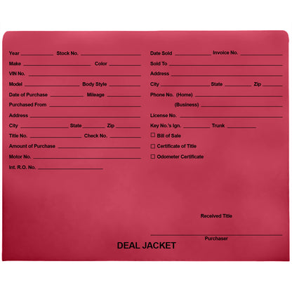Pre-Printed Auto Dealer Vehicle Deal Jackets, 11-3/4" x 9-1/2" (Box of 100)