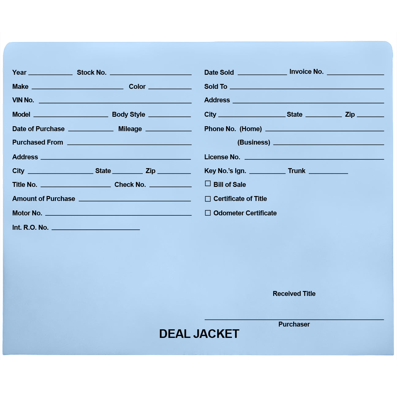Pre-Printed Auto Dealer Vehicle Deal Jackets, 11-3/4" x 9-1/2" (Box of 100)