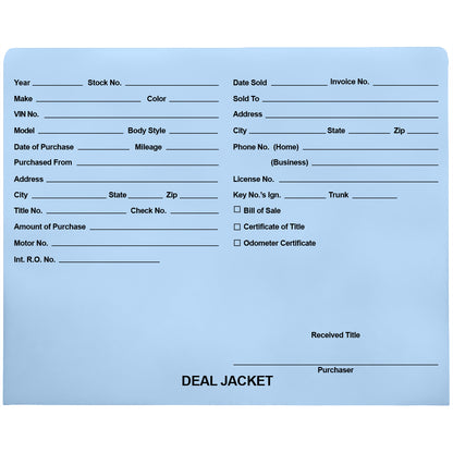 Pre-Printed Auto Dealer Vehicle Deal Jackets, 11-3/4" x 9-1/2" (Box of 100)