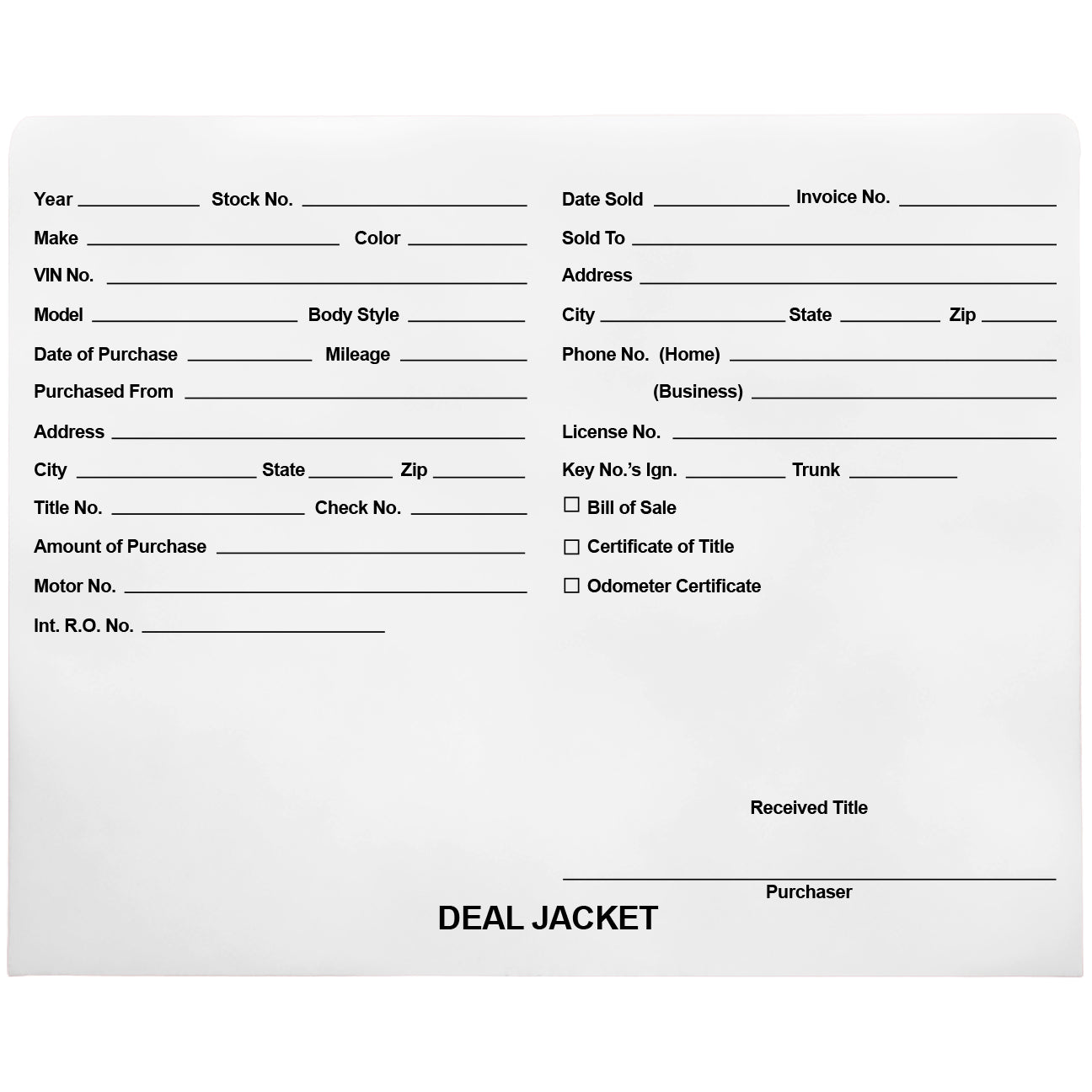 Pre-Printed Auto Dealer Vehicle Deal Jackets, 11-3/4" x 9-1/2" (Box of 100)