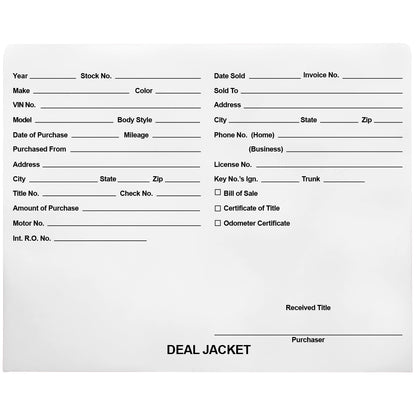 Pre-Printed Auto Dealer Vehicle Deal Jackets, 11-3/4" x 9-1/2" (Box of 100)
