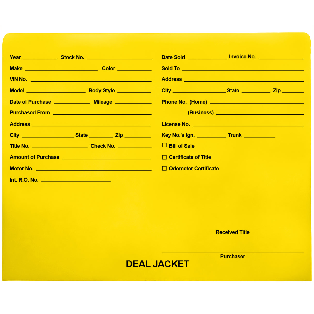 Pre-Printed Auto Dealer Vehicle Deal Jackets, 11-3/4" x 9-1/2" (Box of 100)