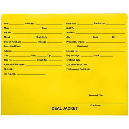 Pre-Printed Auto Dealer Vehicle Deal Jackets, 11-3/4" x 9-1/2" (Box of 100)