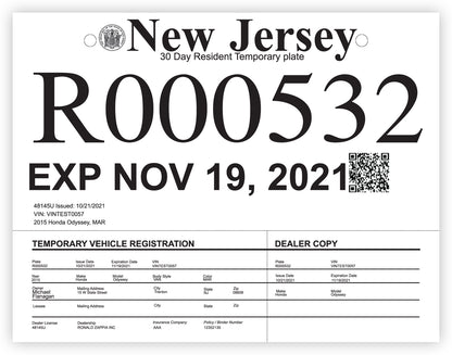 Blank Printable New Jersey State Car Dealership Tear Resistant Temporary Tags - 8 Mil (Package of 100)