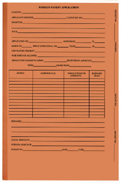 Patent and Trademark Folder, No Tab for Drawer Filing, Orange - "FOREIGN PATENT APPLICATION" (Box of 25)