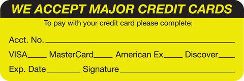MAP5790 WE ACCEPT MAJOR CREDIT CARDS- Fluorescent Chartreuse 3" X 1" (Roll of 250) - Nationwide Filing Supplies