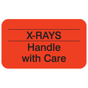 MAP2410 X-RAYS HANDLE WITH CARE- Fluorescent Red 1-1/2" X 7/8" (Roll of 250) - Nationwide Filing Supplies