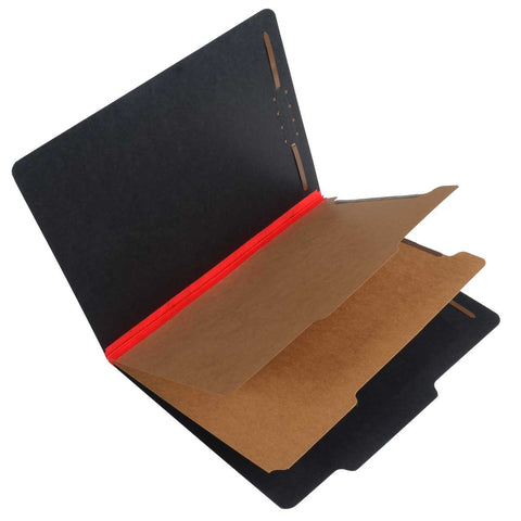 SJ Paper S62621 25 Pt. Fusion Black Pressboard Classification Folders, 2/5 Cut ROC Top Tab, Letter Size, 2 Dividers, Red Tyvek (Box of 15) - Nationwide Filing Supplies