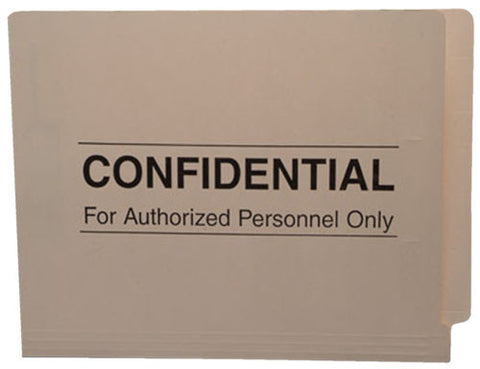 11 pt Manila Folders, Full Cut 2-Ply End Tab, Letter Size, Printed "Confidential", Fasteners Pos #1 & #3 (Box of 50) - Nationwide Filing Supplies